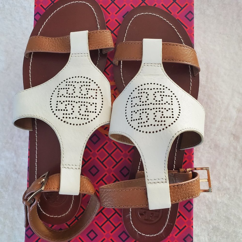 Tory Burch Flat Sandal, Ivory/Royal Tan 133, Size 7